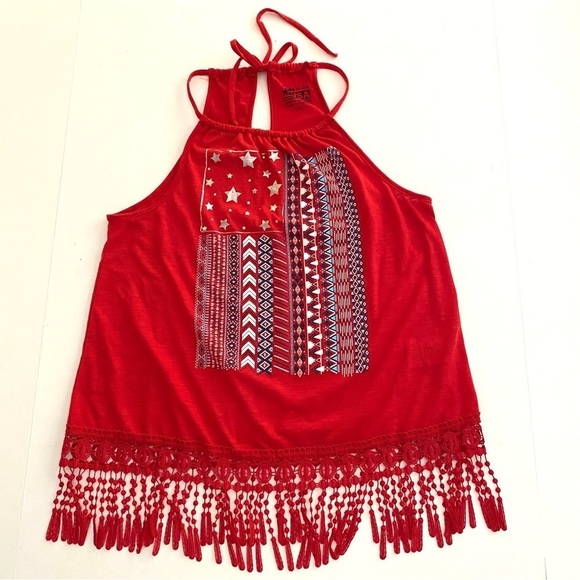 Patriotic Red Halter Top Tassel Shirt Junior XL (15-17) Summer Casual - Picture 5 of 13